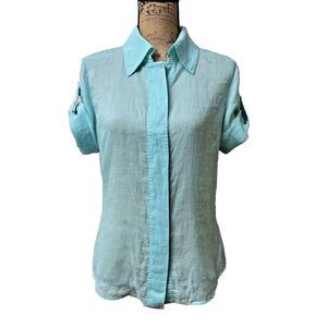 PER SE Women's Sea Blue Button Up Roll Tab Sleeve Shirt Top Sz 6